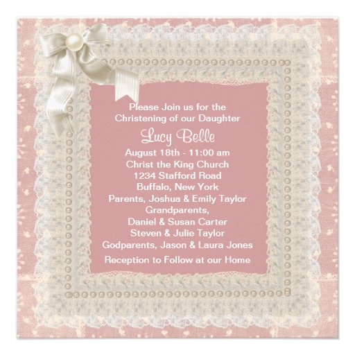 Ivory Lace Pink Pearl Girls Pink Photo Christening Custom Announcements
