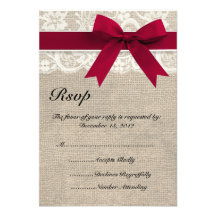 Ivory Lace Red Ribbon and Burlap Wedding RSVP Card