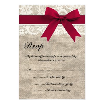 Ivory Lace Red Ribbon and Burlap Wedding RSVP Card