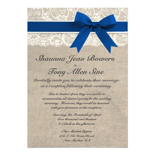 Ivory Lace Royal Blue Burlap Wedding Reception Personalized Invitations