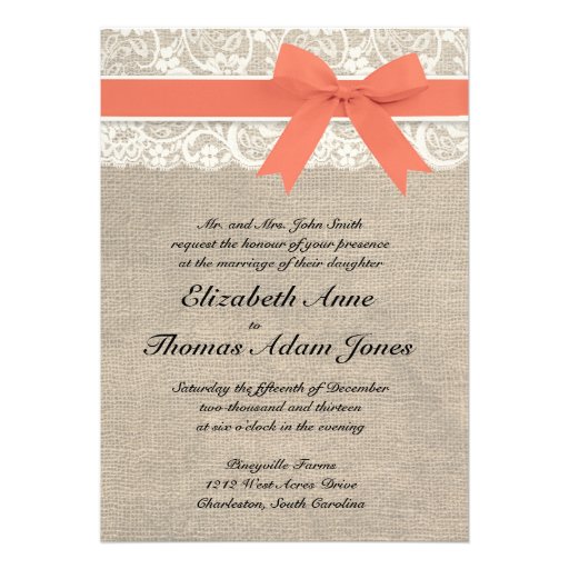 Ivory Lace Rustic Burlap Wedding Invitation- Coral (front side)