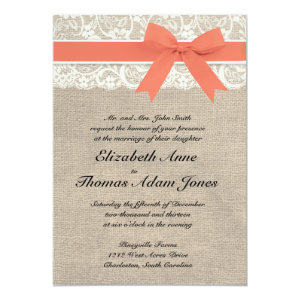 Ivory Lace Rustic Burlap Wedding Invitation- Coral 5