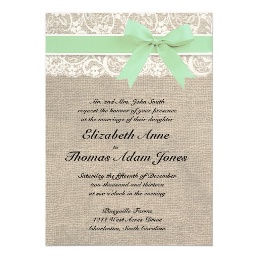 Ivory Lace Rustic Burlap Wedding Invitation- Mint