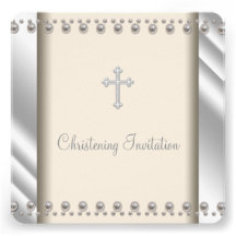 Ivory Pearl Cross Baby Boy Girl Christening Custom Invitations