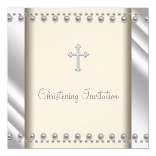 Ivory Pearl Cross Baby Boy Girl Christening Custom Invitations