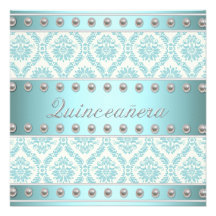 Ivory Pearls Teal Blue White Damask Quinceanera Announcements