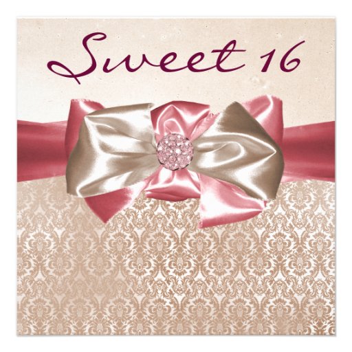 Ivory Pink Damask Sweet 16 Birthday Party Personalized Announcement