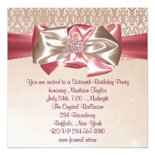 Ivory Pink Damask Sweet 16 Birthday Party Personalized Announcement