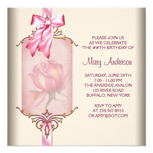 Ivory Pink Rose Womans Birthday Party Invite (front side)