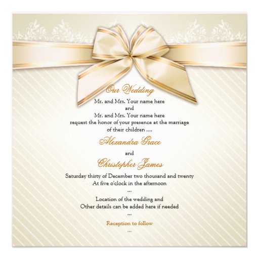 Ivory Ribbon Gold Stripes Wedding Invitation S2