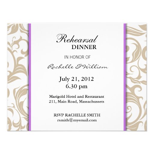Ivory Swirl Rehearsal Dinner Card with Purple Personalized Invites