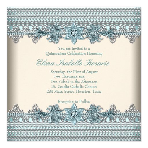 Ivory Teal Blue Quinceanera Personalized Announcement