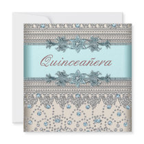 Ivory Teal Blue Quinceanera Invitations