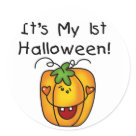 round_sticker - First Halloween T-shirts, bodysuits, cards, tote bags, and more with a cute smiling jack o lantern design!: Sizes 