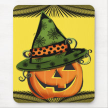 Jack-O-Lantern in Witch Hat Mouse Pads