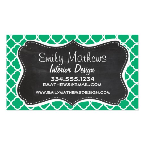 Jade Green Moroccan Quatrefoil; Chalkboard look Business Card Templates