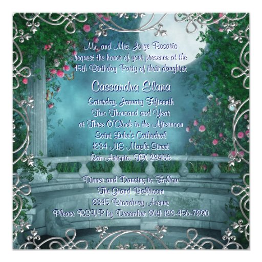 Jade Green Teal Blue Pink Roses Quinceanera Invites