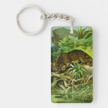 Jaguar Climbing Over Roots to Reach Water Rectangular Acrylic Key Chains
