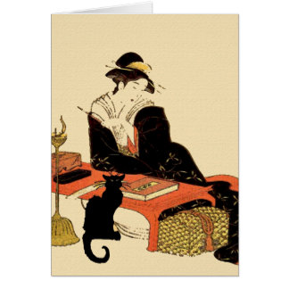 Japanese Black Cat Lady Greeting Card