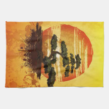 Japanese Bonsai Tree Sunset Towel