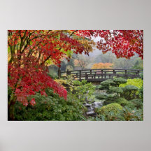 Japanese Garden in a Foggy Fall Morning Poster