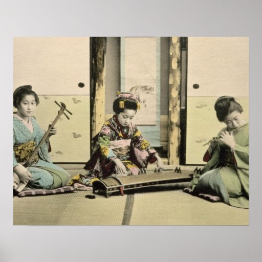 Japanese girls playing the flute, 'koto' and samis poster Zazzle