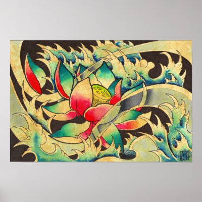 Tattoo inspired Japanese lotus flower in water watercolor painting by Jeremy