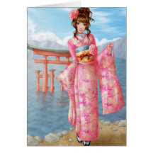 Japanese pink kimono greeting cards