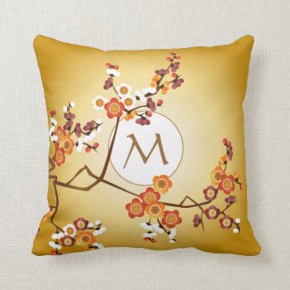 Japanese Plum Blossoms Moon Gold Orange Red Branch Throw Pillow