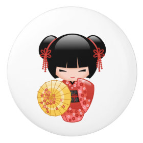 Japanese Red Sakura Kokeshi Doll Ceramic Knob