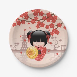 Japanese Red Sakura Kokeshi Doll 7 Inch Paper Plate