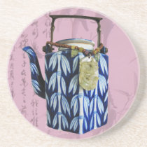 Japanese Teapot with Calligraphy Background Rose coasters