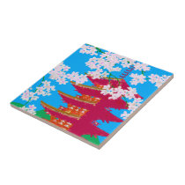 Japanese temple with cherry blossom tiles