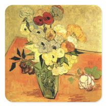 Japanese Vase with Roses and Anemones by Van Gogh Square Stickers