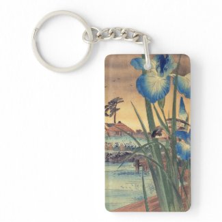 Japanese vintage ukiyo-e blue iris and bird scene rectangular acrylic keychain