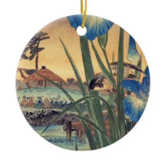 Japanese vintage ukiyo-e blue iris and bird scene christmas tree ornament