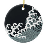 Japanese Waves in Black and Gray Christmas Tree Ornaments
