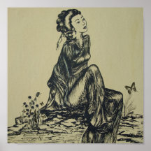 Japanese woman geisha drawing pen and ink poster
