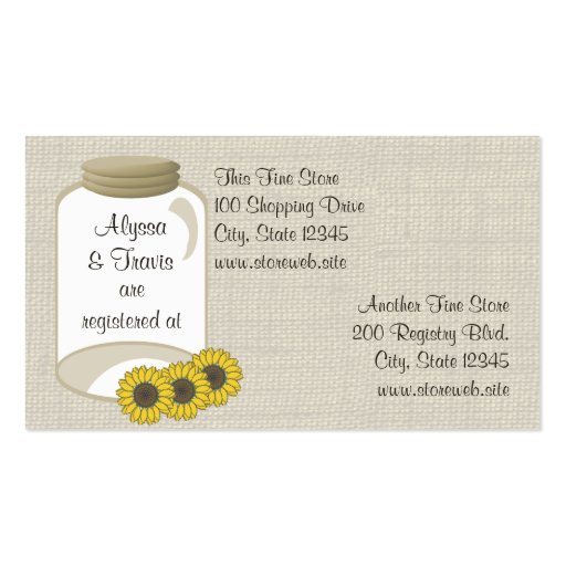 Jar and sunflowers Bridal Registry Card Business Cards (front side)