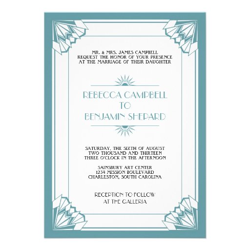 Jazz age blue geometric art deco wedding personalized invitations