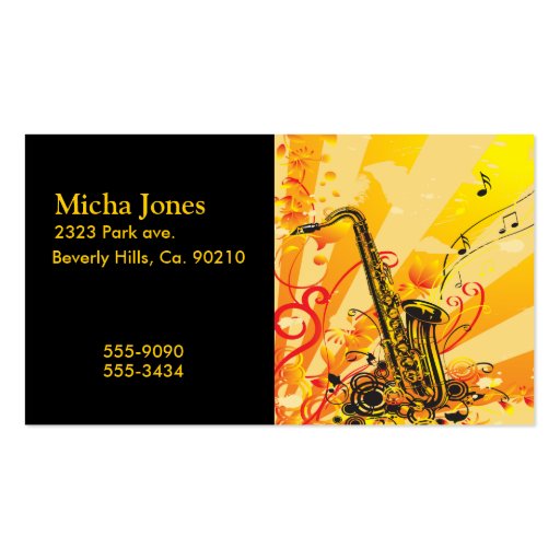 Jazzy Saxophone Beams Of Music Business Card Templates (front side)