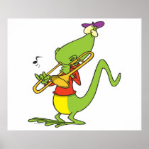 jazzy trombone playing lizard cartoon posters