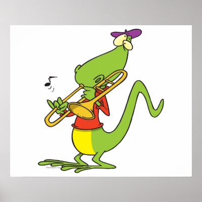 jazzy trombone playing lizard cartoon posters