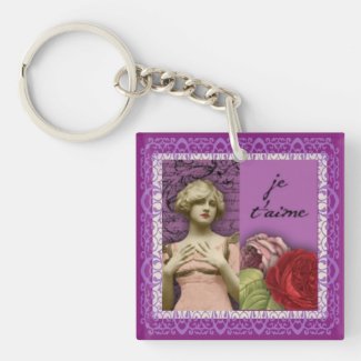 Je T’aime Purple Romantic Girl Vintage Collage Double-Sided Square Acrylic Keychain