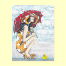 Jester With Umbrella + Rubber Ducky Art Postcard postcards
