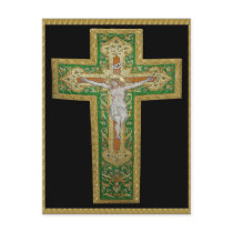 Jesus Christ on the Cross. Green Silk Religous Art