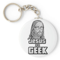 Jesus, geek, religious, blible, nerd, glasses, fun, design, single, funny, white, black, religion, Keychain with custom graphic design