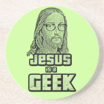 jesus, geek, religious, blible, nerd, glasses, fun, design, unique, funny, white, black, religion, Coaster with custom graphic design