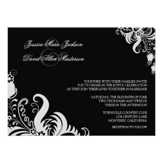 Jet Black Formal Floral Accent Wedding Invitation