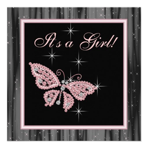 Jewel Butterfly Pink Black Baby Girl Shower Announcements